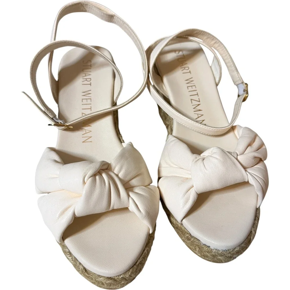 Stuart Weitzman Espadrille Wedge Sandals Playa 7B Cream Leather Knot SD898 - Picture 2 of 11